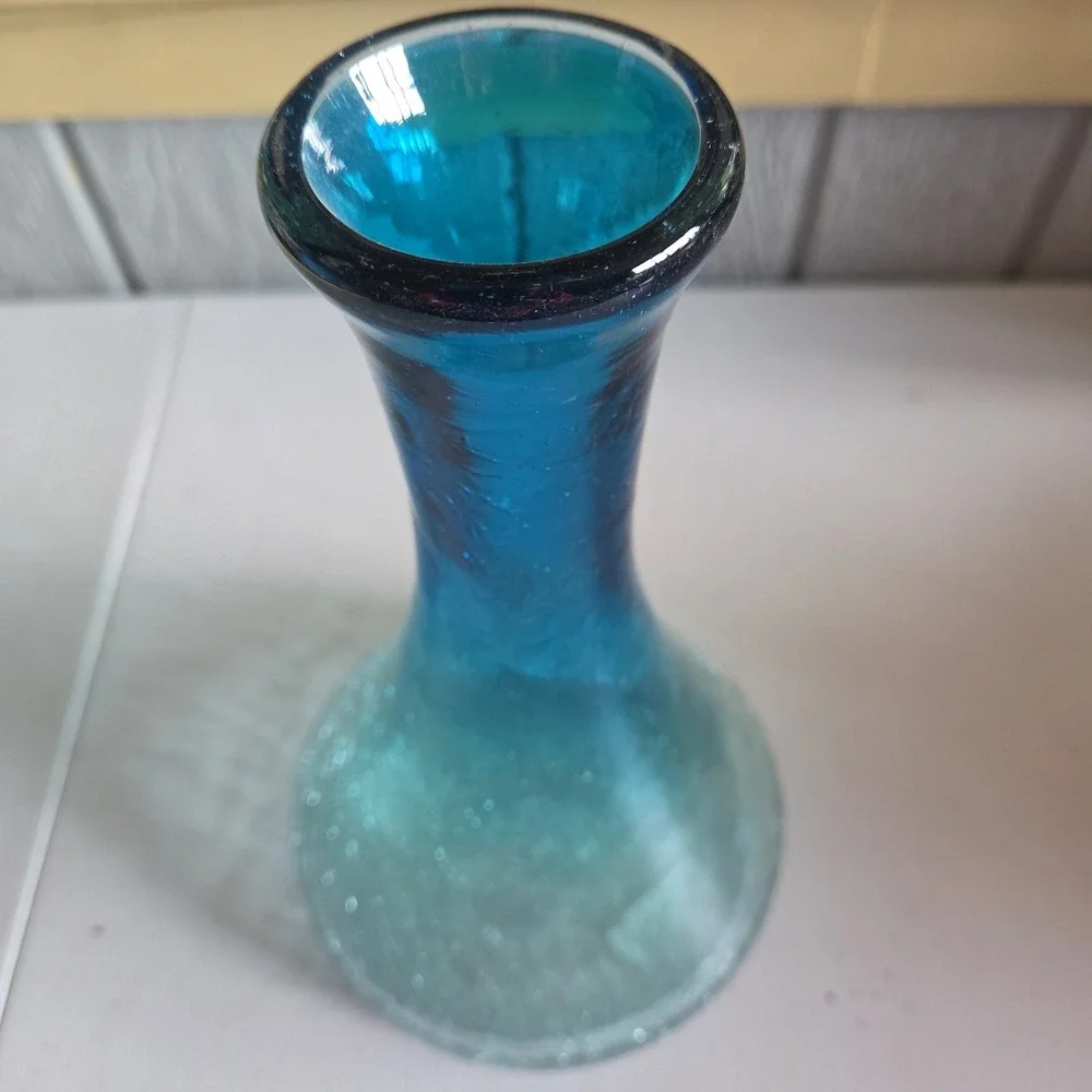 Vintage Hand Blown Crackle Art Glass Aqua Blue Rim Decanter Carafe Vase Mexico